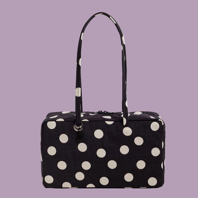 Baggu Medium Nylon Bowler Bag Black Cream Polka Dots