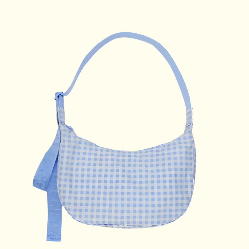 Baggu Medium Nylon Crescent Bag Light Blue Gingham