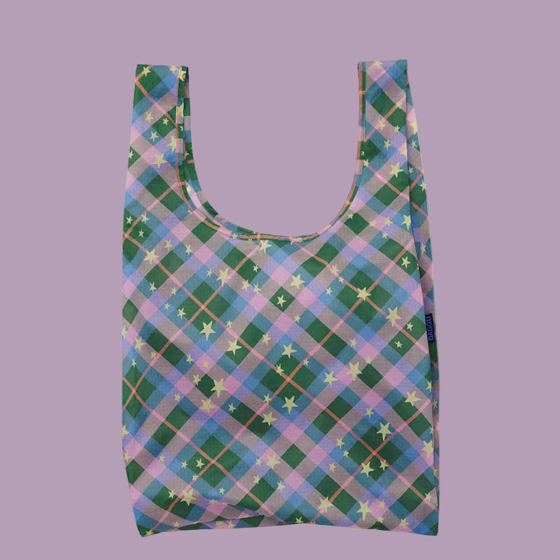 Baggu Reusable Shopping Bag Green Star Plaid