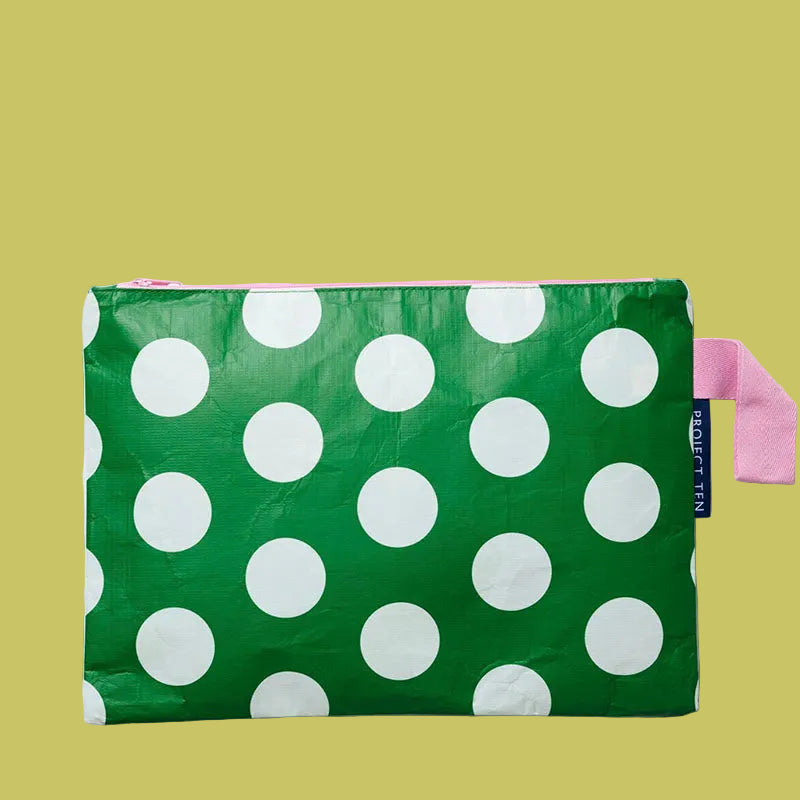 Project Ten Large Zip Pouch Green Polka Dot