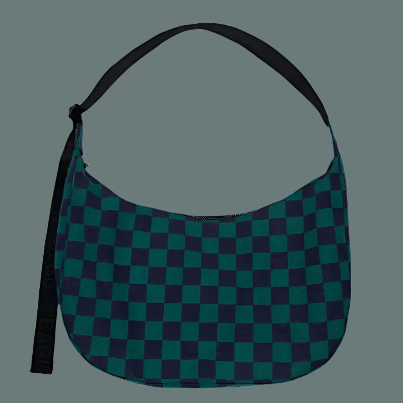 Baggu Large Nylon Crescent Bag - Navy Green Check