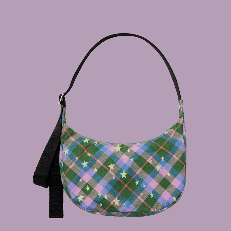 Baggu Medium Nylon Crescent Bag Green Star Plaid