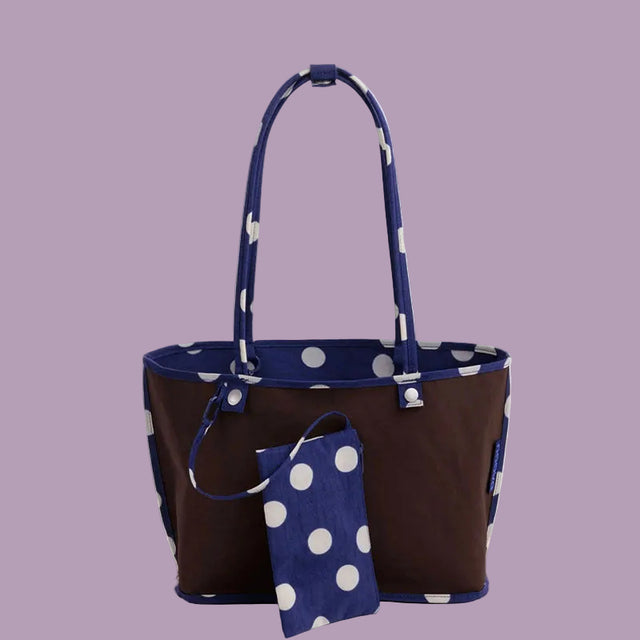 Baggu Medium Nylon Reversible Tote navy polka dots