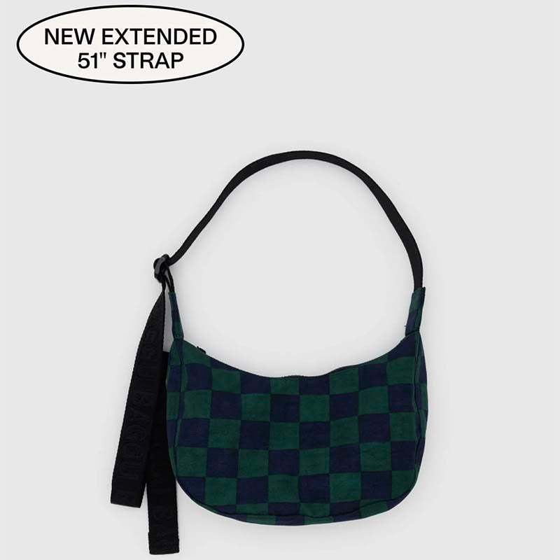 Baggu Small Nylon Crescent Bag - Navy Green Check