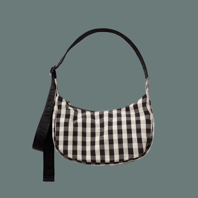 Baggu Small Nylon Crescent Bag Black Cream Gingham