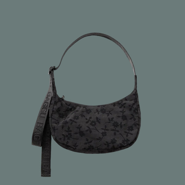 Baggu Small Nylon Crescent Bag Charcoal Ditsy Floral