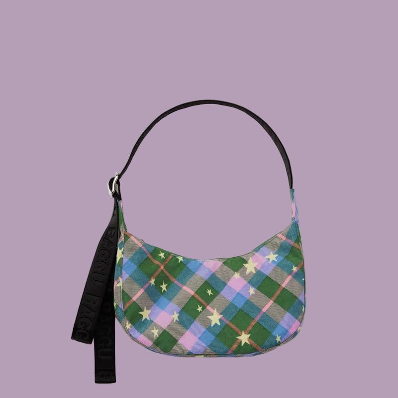 Baggu Small Nylon Crescent Bag - Green Star Plaid