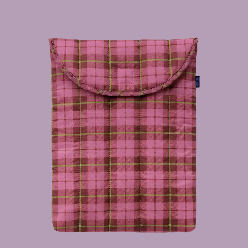 Baggu Puffy Laptop Bag - Azalea Pink Tartan