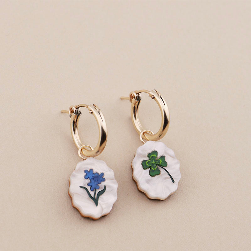Wolf &amp; Moon Forget Me Not &amp; Clover Charm Hoop Earrings