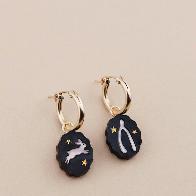 Wolf & Moon Rabbit & Wishbone Charm Hoop Earrings