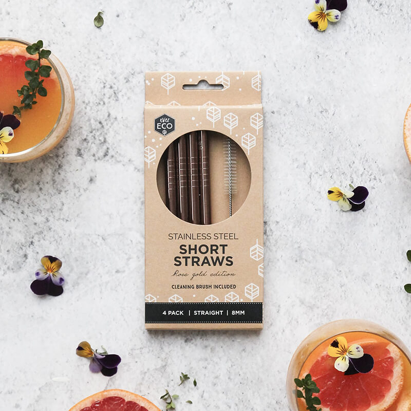 Ever Eco Rose Gold SHORT Straws (Straight) - 4 Pack + brush - Natural Supply Co