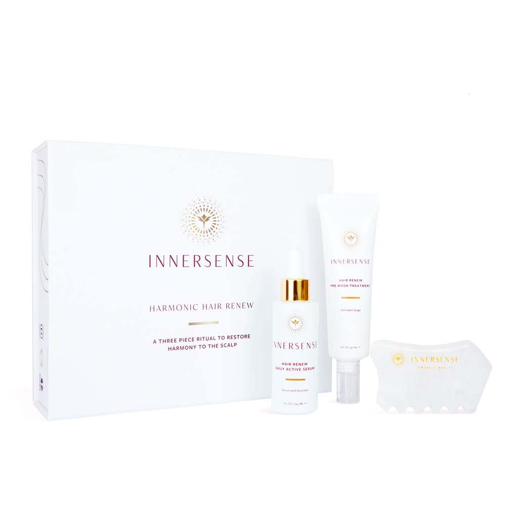 A three-step ritual to restore harmony to the scalp, the Innersense Organic Harmonic Hair Renew Set is your key to excellent scalp health. Exfoliate, soothe and massage the crown to noticeably reduce flaking, relieve dryness and encourage a balanced environment for hair to flourish.