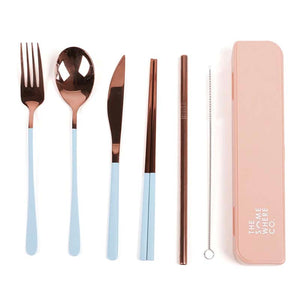 The Somewhere Co Take Me Away Cutlery Kit - rose gold with blue handles